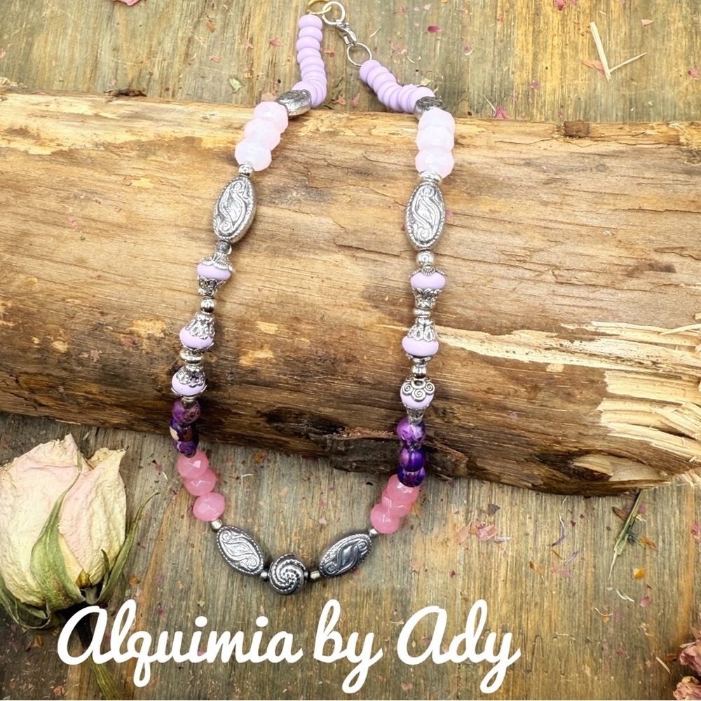 Alquimia Pastel Beaded Necklace With Silver Accents Purple Turquoise